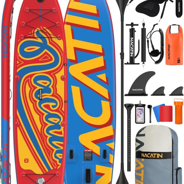 NACATIN 366cm (12ft) aufblasbares SUP Board mit Sitz, breites 91cm (36in) Stand Up Paddling Board für Erwachsene & Familie, mit Einzel-/Doppelpaddel, Kajaksitz, stabiles breites Deck für Anfänger