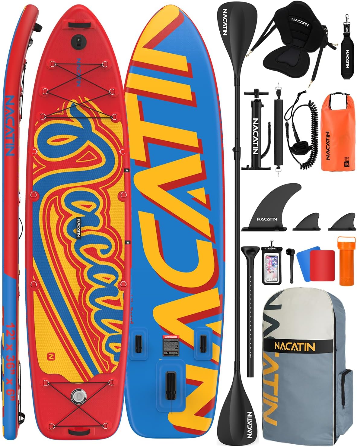 71ENm0uSkXL._AC_SL1500 NACATIN 366cm (12ft) aufblasbares SUP Board mit Sitz, breites 91cm (36in) Stand Up Paddling Board für Erwachsene & Familie, mit Einzel-/Doppelpaddel, Kajaksitz, stabiles breites Deck für Anfänger