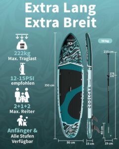 COOLCAA SUP Board, 355cm (Extra Groß) Stand Up Paddling Board, Aufblasbares Stand-Up Paddle Board mit 86cm Extra Breit, Fishing Paddleboard mit Zubehör & Tragetasche für Adults, 222 kg