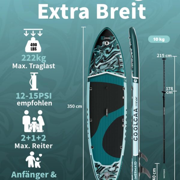 COOLCAA SUP Board, 355cm (Extra Groß) Stand Up Paddling Board, Aufblasbares Stand-Up Paddle Board mit 86cm Extra Breit, Fishing Paddleboard mit Zubehör & Tragetasche für Adults, 222 kg