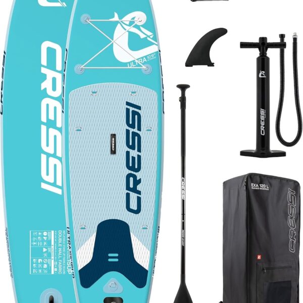 CRESSI seit 1946 - Ultra Isup/Kayak Set - Aufblasbares SUP Board für Erwachsene Große Stabilität Strapazierfähigkeit Komplett Zubehör Paddel Flosse Pumpe Leine Tasche_320x81x15 cm Max 130 kg