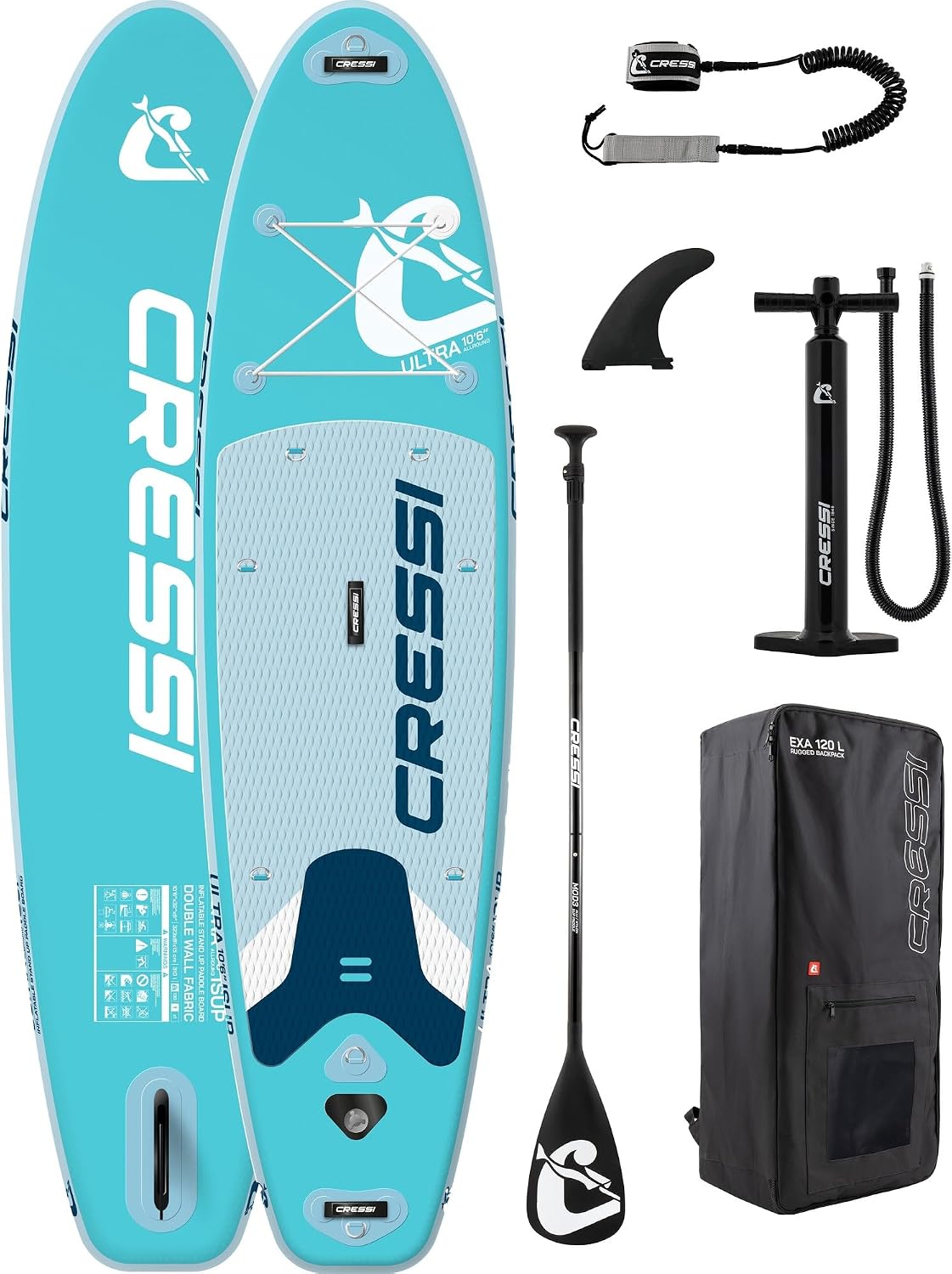 71JNFd-iEKL._AC_SL1500 CRESSI seit 1946 - Ultra Isup/Kayak Set - Aufblasbares SUP Board für Erwachsene Große Stabilität Strapazierfähigkeit Komplett Zubehör Paddel Flosse Pumpe Leine Tasche_320x81x15 cm Max 130 kg