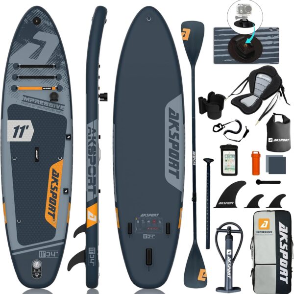 AKSPORT 11' aufblasbares SUP Board mit Premium-Zubehörset 34 Zoll extra breit rutschfeste Deckoberfläche, Stand Up Paddling Board für Erwachsene Jugendliche alle Level