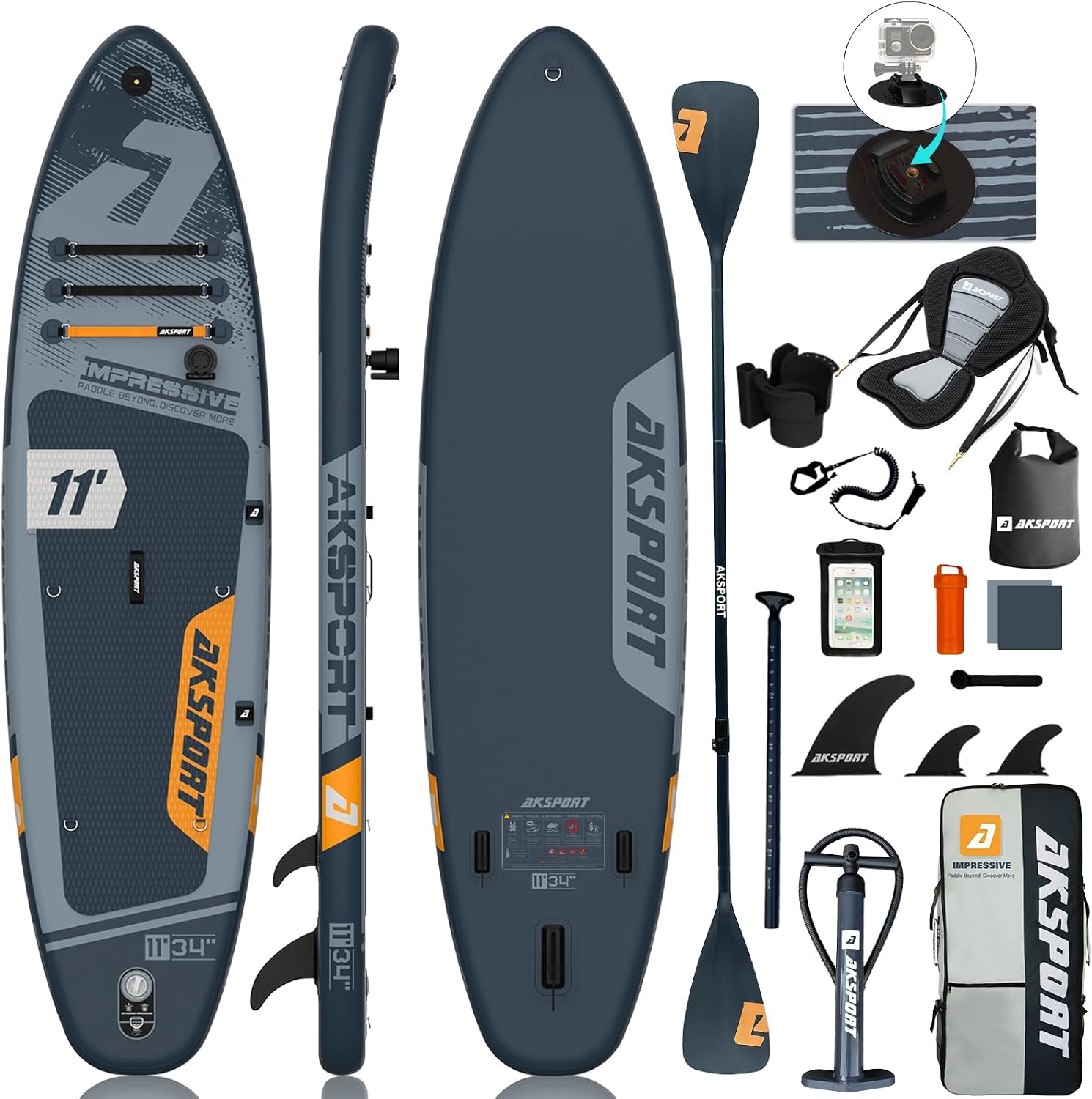 AKSPORT 11' aufblasbares SUP Board mit Premium-Zubehörset 34 Zoll extra breit rutschfeste Deckoberfläche, Stand Up Paddling Board für Erwachsene Jugendliche alle Level