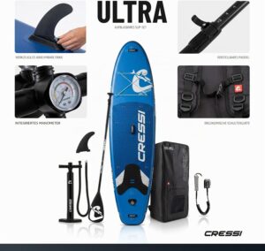 CRESSI seit 1946 - Ultra Isup/Kayak Set - Aufblasbares SUP Board für Erwachsene Große Stabilität Strapazierfähigkeit Komplett Zubehör Paddel Flosse Pumpe Leine Tasche_320x81x15 cm Max 130 kg