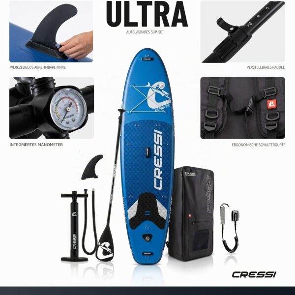 CRESSI seit 1946 - Ultra Isup/Kayak Set - Aufblasbares SUP Board für Erwachsene Große Stabilität Strapazierfähigkeit Komplett Zubehör Paddel Flosse Pumpe Leine Tasche_320x81x15 cm Max 130 kg