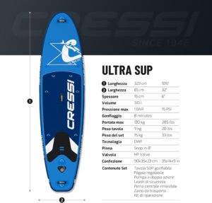 CRESSI seit 1946 - Ultra Isup/Kayak Set - Aufblasbares SUP Board für Erwachsene Große Stabilität Strapazierfähigkeit Komplett Zubehör Paddel Flosse Pumpe Leine Tasche_320x81x15 cm Max 130 kg