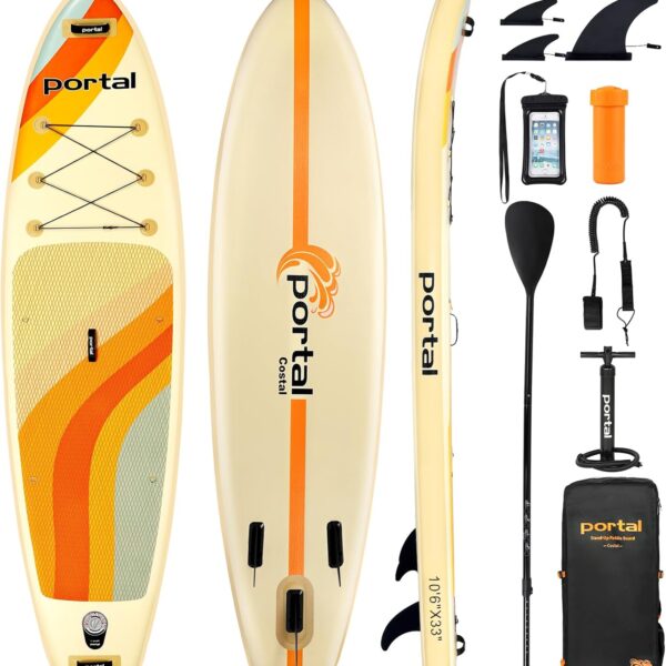 Portal Stand Up Paddle Board, 10'6x33x6 Aufblasbare Paddle Boards mit SUP-Zubehör inklusive Tragetasche, Handpumpe, Paddel, Leine, Flosse, Reparaturset, wasserdichte Handyhülle