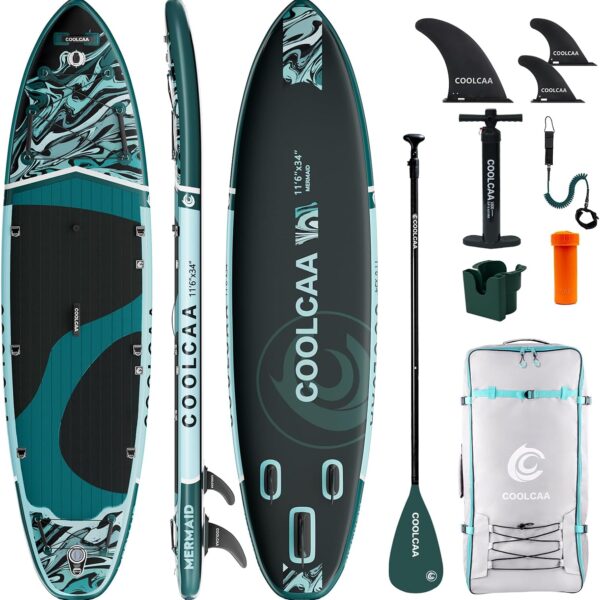 COOLCAA SUP Board, 355cm (Extra Groß) Stand Up Paddling Board, Aufblasbares Stand-Up Paddle Board mit 86cm Extra Breit, Fishing Paddleboard mit Zubehör & Tragetasche für Adults, 222 kg