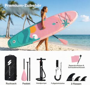 SantasupAufblasbares Stand Up Paddle Board 320/335cm Surfbrett SUP Komplettes Paddleboard Zubehör Verstellbares Paddel,Pumpe und Komplettes Zubehör SUP Board Set für Jugen und Erwachsene