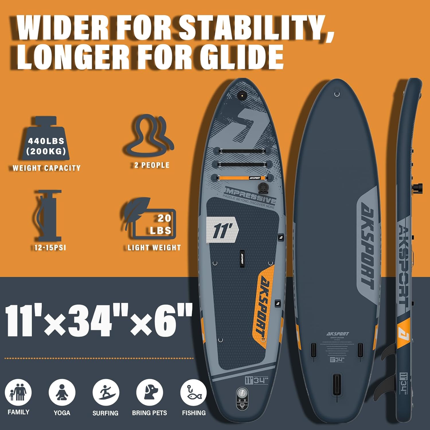 AKSPORT 11' aufblasbares SUP Board mit Premium-Zubehörset 34 Zoll extra breit rutschfeste Deckoberfläche, Stand Up Paddling Board für Erwachsene Jugendliche alle Level