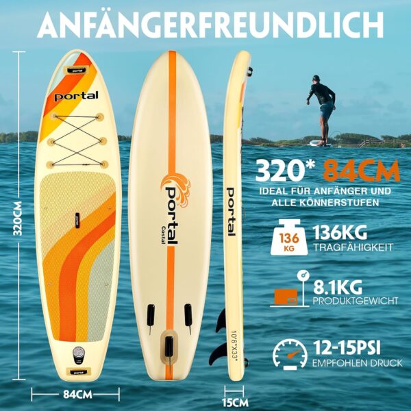 Portal Stand Up Paddle Board, 10'6x33x6 Aufblasbare Paddle Boards mit SUP-Zubehör inklusive Tragetasche, Handpumpe, Paddel, Leine, Flosse, Reparaturset, wasserdichte Handyhülle