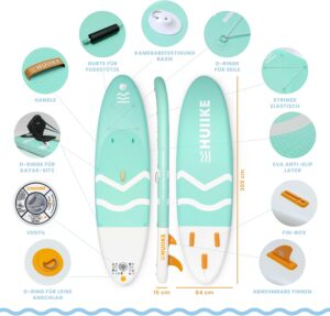 HUIIKE Stand Up Paddling Board mit Zubehör, Paddel, Finnen, Leash, Pumpe, Rucksack. SUP-Board Aufblasbar Hoher Stabilität und Widerstandsfähigkeit. Zum Kajak Umbaubar 305-365 cm, trägt 130-170 kg