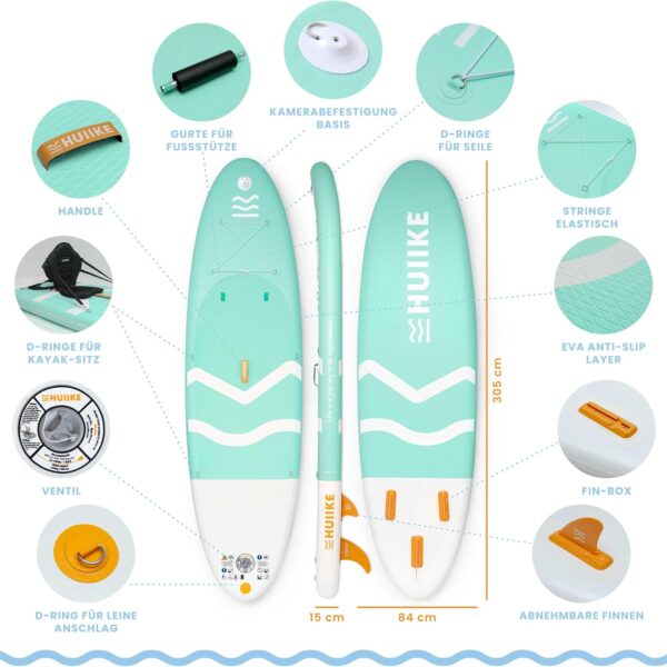 HUIIKE Stand Up Paddling Board mit Zubehör, Paddel, Finnen, Leash, Pumpe, Rucksack. SUP-Board Aufblasbar Hoher Stabilität und Widerstandsfähigkeit. Zum Kajak Umbaubar 305-365 cm, trägt 130-170 kg