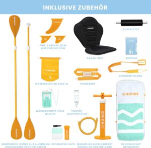HUIIKE Stand Up Paddling Board mit Zubehör, Paddel, Finnen, Leash, Pumpe, Rucksack. SUP-Board Aufblasbar Hoher Stabilität und Widerstandsfähigkeit. Zum Kajak Umbaubar 305-365 cm, trägt 130-170 kg
