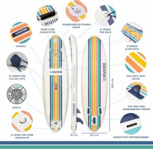 HUIIKE Stand Up Paddling Board mit Zubehör, Paddel, Finnen, Pumpe. Paddle Sup Board Aufblasbar Hohe Stabilität und Widerstandsfähigkeit. 305 x 84 x 15 cm, Belastbar bis 130 kg