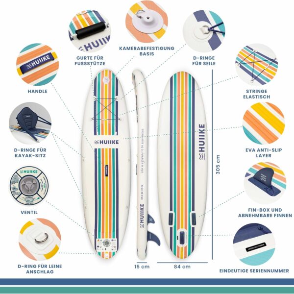 HUIIKE Stand Up Paddling Board mit Zubehör, Paddel, Finnen, Pumpe. Paddle Sup Board Aufblasbar Hohe Stabilität und Widerstandsfähigkeit. 305 x 84 x 15 cm, Belastbar bis 130 kg