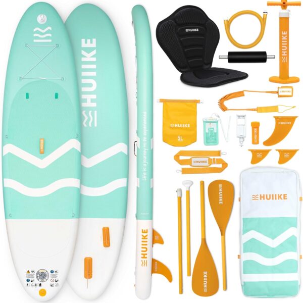 HUIIKE Stand Up Paddling Board mit Zubehör, Paddel, Finnen, Leash, Pumpe, Rucksack. SUP-Board Aufblasbar Hoher Stabilität und Widerstandsfähigkeit. Zum Kajak Umbaubar 305-365 cm, trägt 130-170 kg