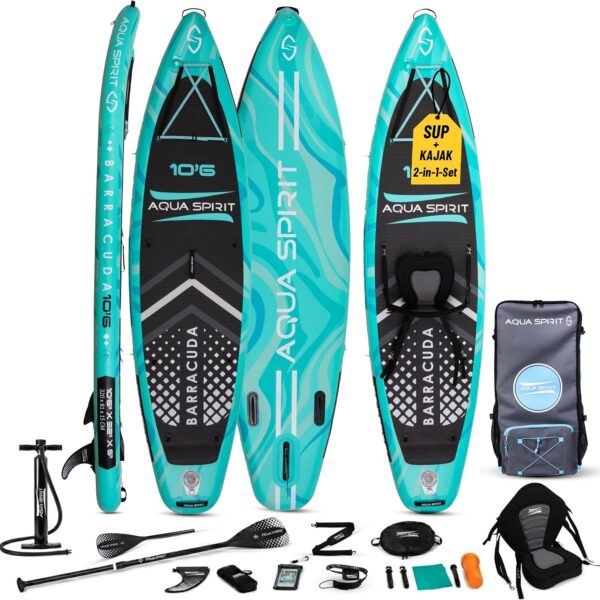 Aqua Spirit Sup Board mit Sitz | Kajak Aufblasbar Barracuda Stand Up Paddling Board 320x81x15cm Für Standup Paddle Board bis 150KG mit Sup Sitz, Doppelpaddel, Pumpe, Tasche & Zubehör Sup Set