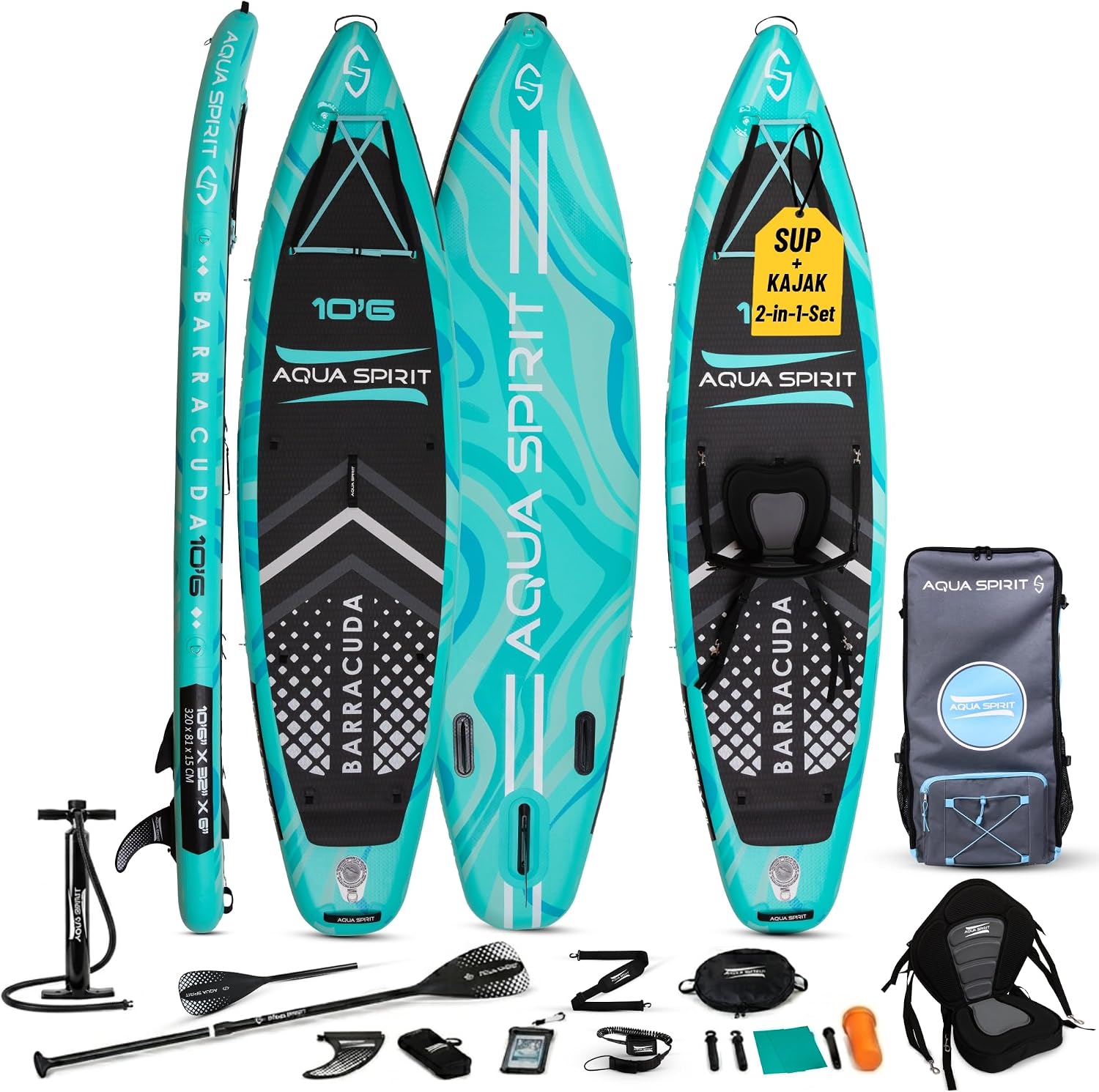 Aqua Spirit Sup Board mit Sitz | Kajak Aufblasbar Barracuda Stand Up Paddling Board 320x81x15cm Für Standup Paddle Board bis 150KG mit Sup Sitz, Doppelpaddel, Pumpe, Tasche & Zubehör Sup Set