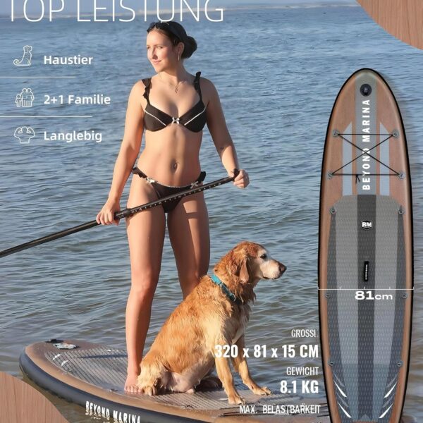 BEYOND MARINA Sup Board, Stand Up Paddling Board, Paddle Board, Aufblasbares Paddleboard Surfboard Wassersport, Max 200kg, Sitz, 2-in-1 Paddel, Pumpe, Rucksack, Leash, 320 x81 x15CM