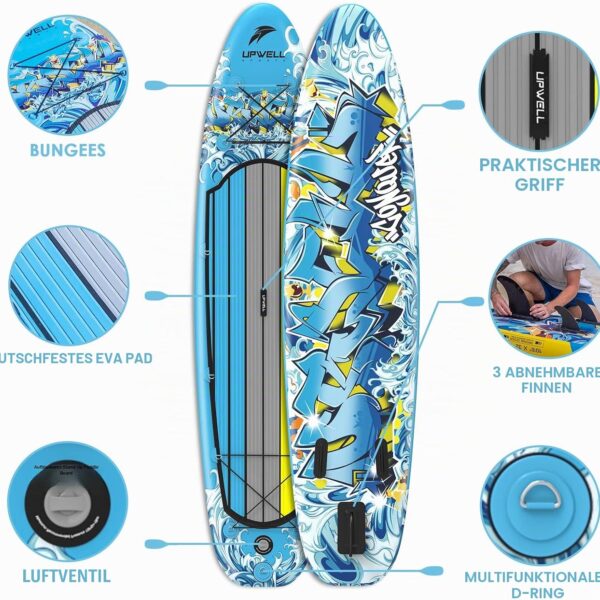 UPWELL Premium Stand Up Paddling Board Aufblasbar, SUP Board Set mit Sitz, 204kg Tragkraft für 2 Personen, Komplettes Zubehör inkl. Verstellbarem Paddel für Anfänger