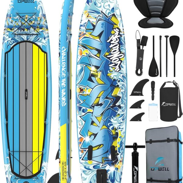 UPWELL Premium Stand Up Paddling Board Aufblasbar, SUP Board Set mit Sitz, 204kg Tragkraft für 2 Personen, Komplettes Zubehör inkl. Verstellbarem Paddel für Anfänger