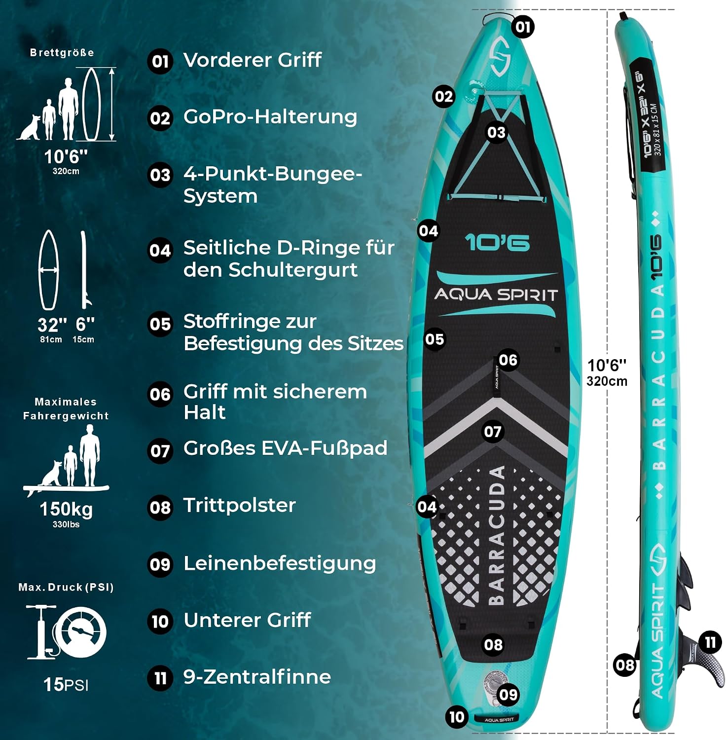 Aqua Spirit Sup Board mit Sitz | Kajak Aufblasbar Barracuda Stand Up Paddling Board 320x81x15cm Für Standup Paddle Board bis 150KG mit Sup Sitz, Doppelpaddel, Pumpe, Tasche & Zubehör Sup Set