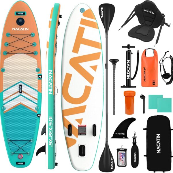 NACATIN 320cm (10ft 6in) aufblasbares SUP Board mit Sitz für Erwachsene, Stand Up Paddling Board mit Doppelpaddel, Kajaksitz, Rucksack, Tragegurt, Trockentasche, Reparaturset, für See, Fluss, Yoga