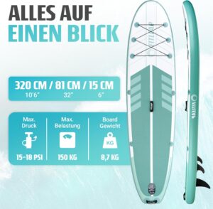 Fitleap Premium Stand Up Paddle Board aufblasbar - SUP Board Set mit Hochdruckpumpe, verstellbarem Paddel und Rucksack - Ideal für Anfänger und Profis - Perfekt für Yoga, Surfen und Wassersport